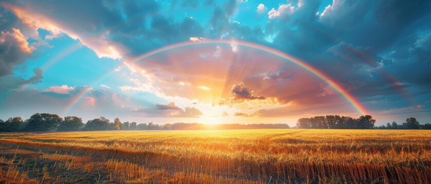 Peaceful sky with gentle clouds and a double rainbow over a rural field, creating a serene and hopeful atmosphere perfect for a tranquil moment, Photography, 85mm lens, - Powered by Adobe
