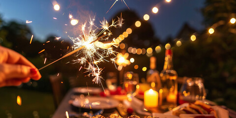 Person holding sparkler above plate of food at 4th of july celebration