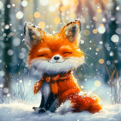 Red fox cub stands on background of snowy winter forest with bokeh. Cute little animal in great mood, squeezed his eyes shut, among trees and falling snow, its vibrant fur contrasting white backdrop.