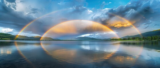 Peaceful sky with gentle clouds and a double rainbow over a rural field, creating a serene and hopeful atmosphere perfect for a tranquil moment, Photography, 85mm lens,