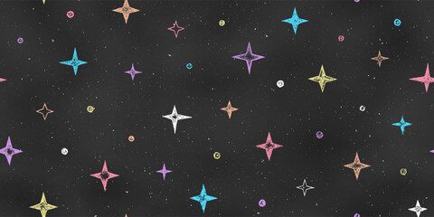 Seamless Grunge Pattern of Chalk Drawn Sketches Colorful Stars on Dark Blackboard. Starry Retro Print.