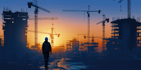 illustration of an architect walking over a construction site, several construction cranes, minimalist. Generative AI.