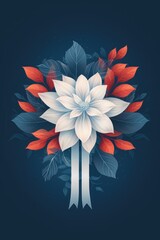 Obraz premium Elegant White Flower With Red Leaves and Ribbon on Dark Blue Background
