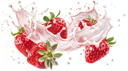 Fresh strawberries splashing in pink liquid with scattered drops.