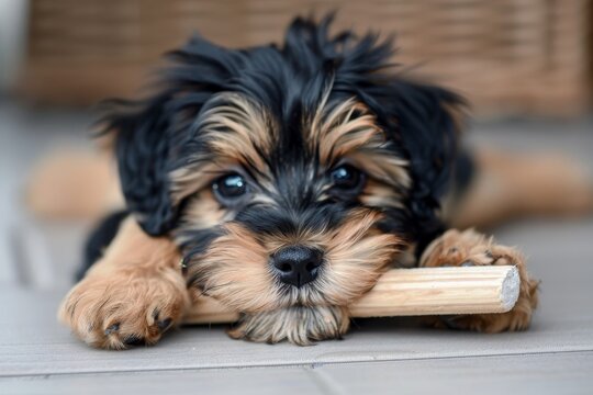 Adorable fluffy 4 month old male morkie puppy teething on dental stick looking at camera Black and brown colors focused