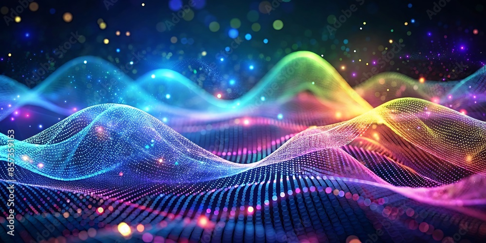 Fototapete Digital technology background ,Abstract gradient hologram dynamic wave of particles.AI GENERATED