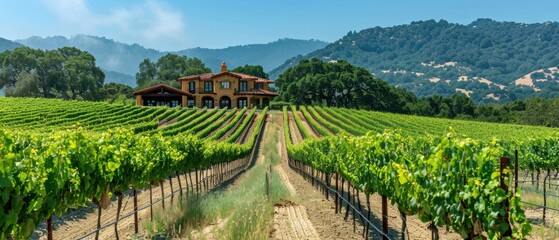 Naklejka premium Picturesque vineyard with rows of grapevines, rolling hills, and a stunning sunset, capturing the essence of wine country