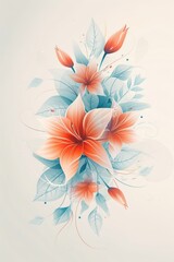 Delicate Orange Flowers and Blue Leaves in a Watercolor Illustration