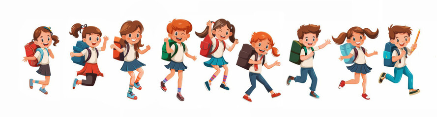 Fototapeta premium Group of Cheerful Cartoon Children Running with Backpacks and School Supplies