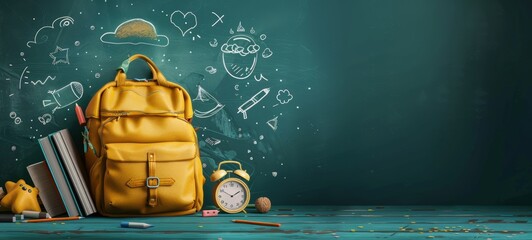 Yellow Backpack with Books and Alarm Clock Against World Map Chalkboard Background