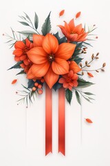 Obraz premium Elegant Orange Ribbon With Floral Arrangement on White Background