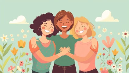 Charming illustration diverse women hugging each other in a vibrant flower garden symbolizing friendship