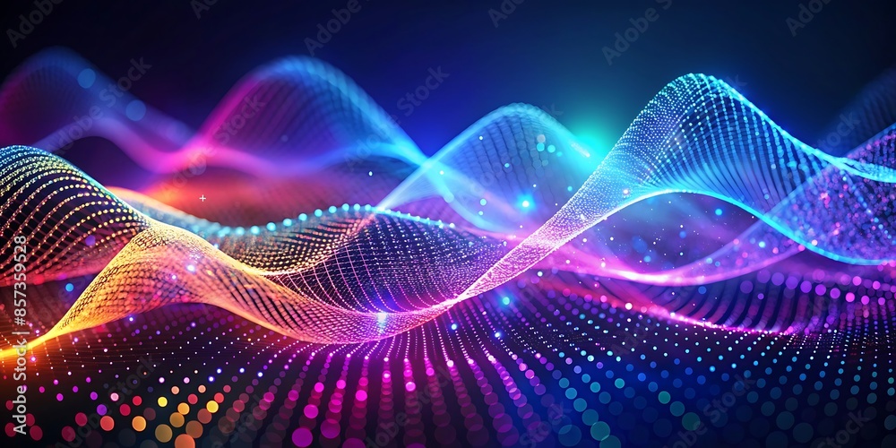 Poster digital technology background ,abstract gradient hologram dynamic wave of particles.ai generated
