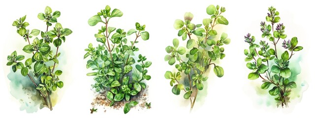 Obraz premium Watercolor set collection with green majoram sprig and leaves isolated on a white background. Healthy food and seasoning. AI generated illustration.