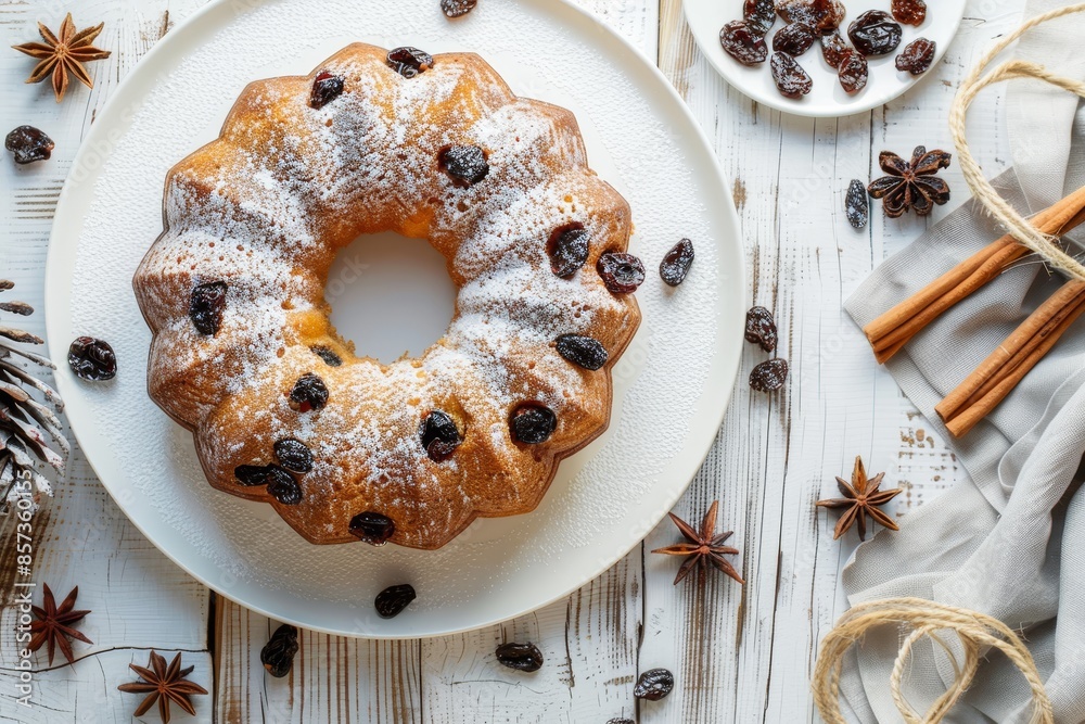 Sticker bundt cake with fruit and powdered sugar on white plate ring cake with icing sugar on table festive 