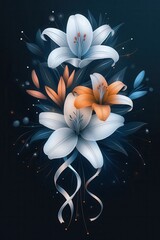 Elegant White and Orange Lilies With a Delicate Ribbon on a Dark Background