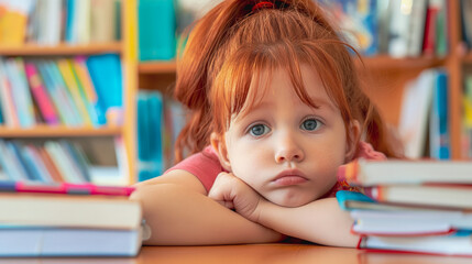 Red haired girl with blue eyes rests her head on her hands, looking sad surrounded by books. Concept: childhood emotions, school stress, boredom.