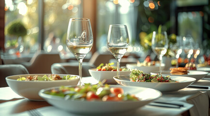 A dinner table with shiny white plates and bowls filled with haute cuisine in the front. Generative AI.