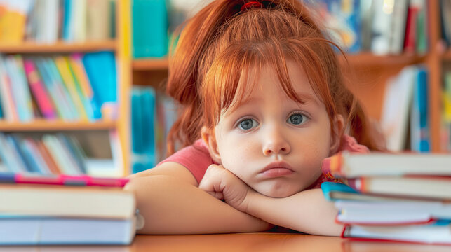 Red haired girl with blue eyes rests her head on her hands, looking sad surrounded by books. Concept: childhood emotions, school stress, boredom. - Powered by Adobe