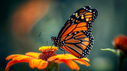 Fototapeta premium Side view of a monarch butterfly sitting on an orange flower blossom