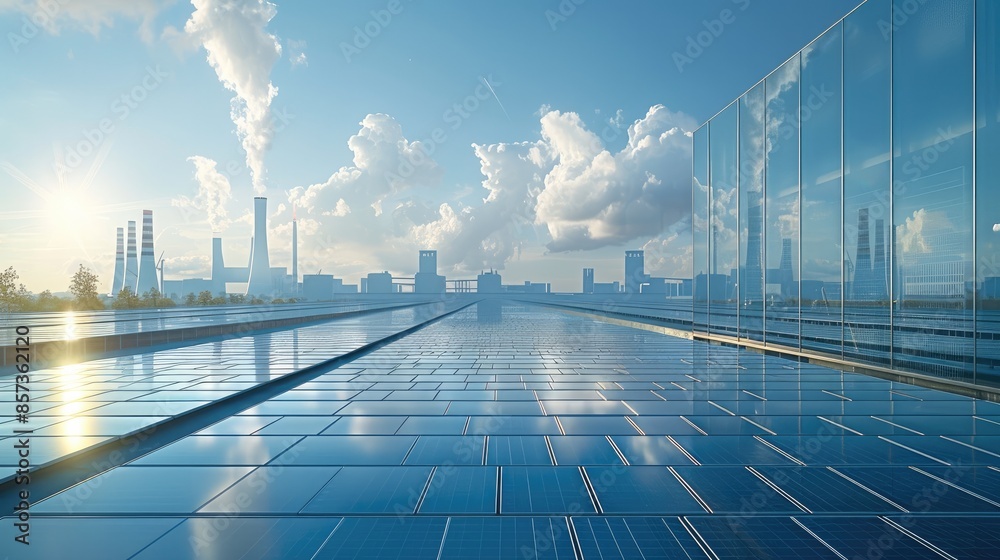 Poster a power plant with solar panels in a future world, exemplifying a commitment to preserving the envir