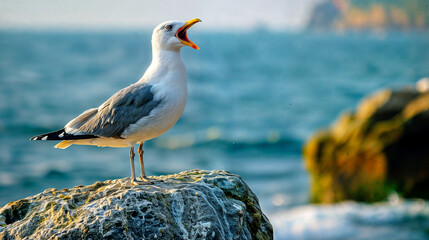 A screaming seagull is standing on a rock next to the sea
