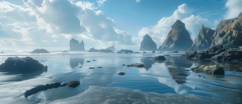 Rocky beach with tidal pools and sea stacks