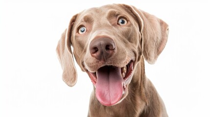 A Weimaraner dog with big blue eyes smiles and looks directly at the camera with its tongue sticking out.
