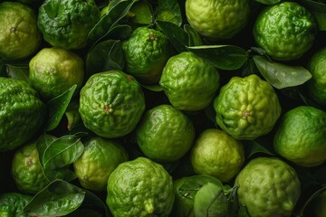 Ripe bergamot fruits, whole and chopped, in the backdrop, top view