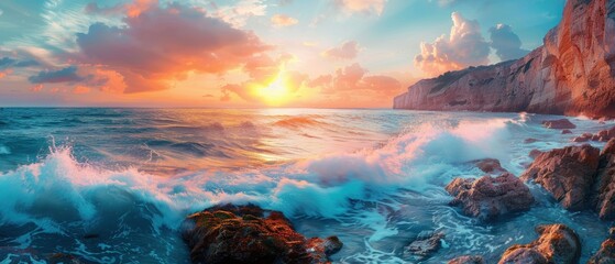 Rocky coastline with crashing waves, dramatic cliffs, and a colorful sunset sky, ideal for capturing the raw beauty of the ocean