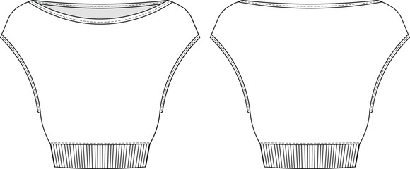 boat neck cap short sleeve ribbed hem cropped crop blouse top t-shirt tee template technical drawing flat sketch cad mockup fashion woman design style model
