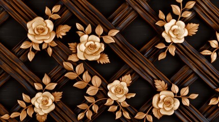 Fototapeta premium Complex lattice design with zigzag and diamond shapes, interwoven with stylized floral motifs of roses and vines, creating a rich, detailed pattern