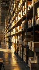 Obraz premium Warehouse with shelves stocked with boxes at sunset, industrial storage and logistics concept