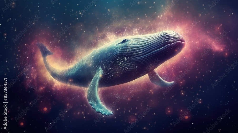 Wall mural surreal art design of a whale floating in space with a cosmic background and starry sky. digital art