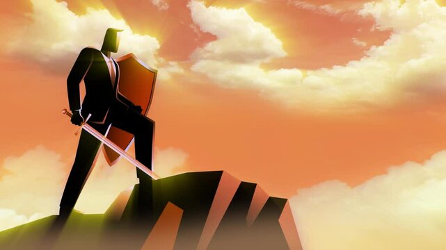 Businessman as a knight standing gallantly on top of a rock holding a sword and shield, with a dramatic cloud background, analogy for leadership and the courage to make decisions in business