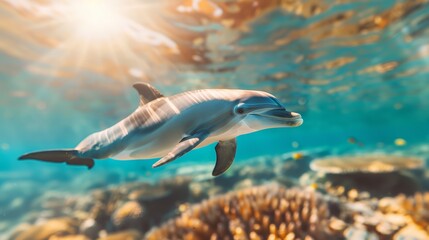 Fototapeta premium Dolphin swimming gracefully through the vibrant coral reef, sunlight filtering through the water, colorful fish darting around, the serene underwater world in full display