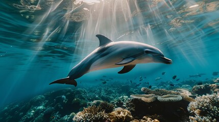 Naklejka premium Elegant dolphin weaving through a lush coral reef, beams of sunlight piercing the clear blue water, schools of fish creating a lively underwater scene