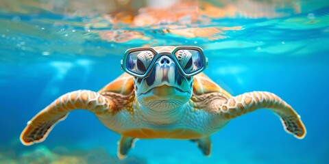 Obraz premium Close up of turtle with snorkeling mask. AI generative art