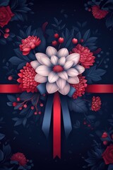 Obraz premium Elegant Red Ribbon and White Flower Bouquet on Dark Blue Background