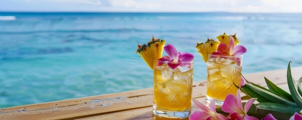 Hawaii Mai Tai cocktails with tropical flowers and pineapple, serene ocean backdrop, warm and inviting, watercolor technique