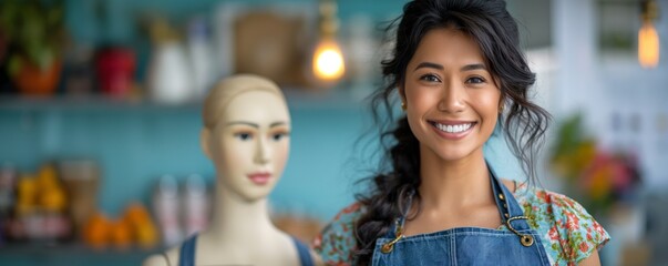 Fototapeta premium A cheerful woman poses with a mannequin in a vibrant, colorful kitchen setting