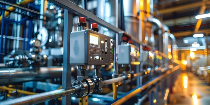 Industrial factory equipment includes sensors PLCs motors drives SCADA and HMI systems. Concept Industrial Automation, Factory Equipment, Sensors, PLCs, Motors, SCADA