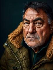 Fototapeta premium Portrait of an old man in a jacket with a fur collar on a dark background