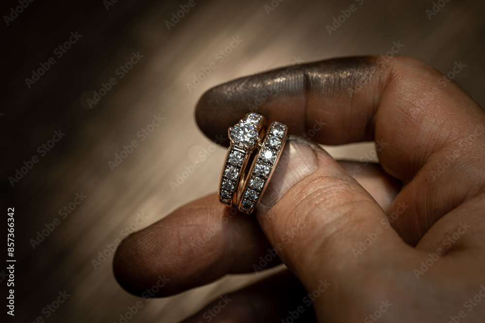 Wall mural Closeup of a diamond wedding ring and dirty jeweller hands holding it