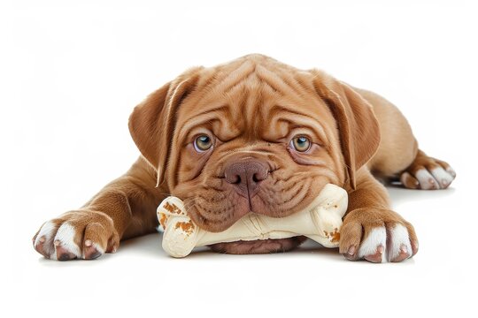 French Mastiff puppy with Rawhide bone white background