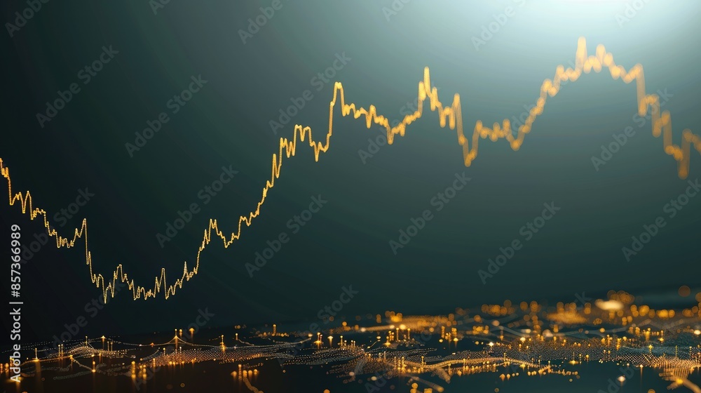 Poster a minimalist gold stock chart on a dark green background, featuring a smooth upward slope in stock p