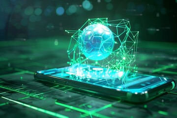 A soccer ball appears to emerge from a smartphone screen on a grassy field, symbolizing the integration of technology and sports