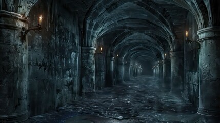 Obraz premium Dark dungeon long medieval castle corridor backgrounds, scary endless medieval catacombs with torches. Mystical nightmare concept. Generative AI