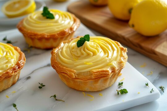 Homemade lemon custard tart with fresh baked pastry