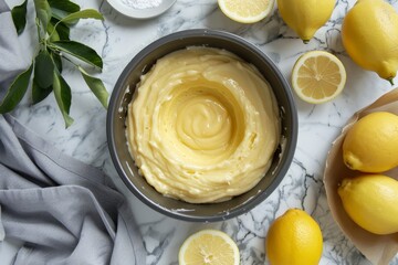 Lemon pound cake batter arranged in bundt pan for baking